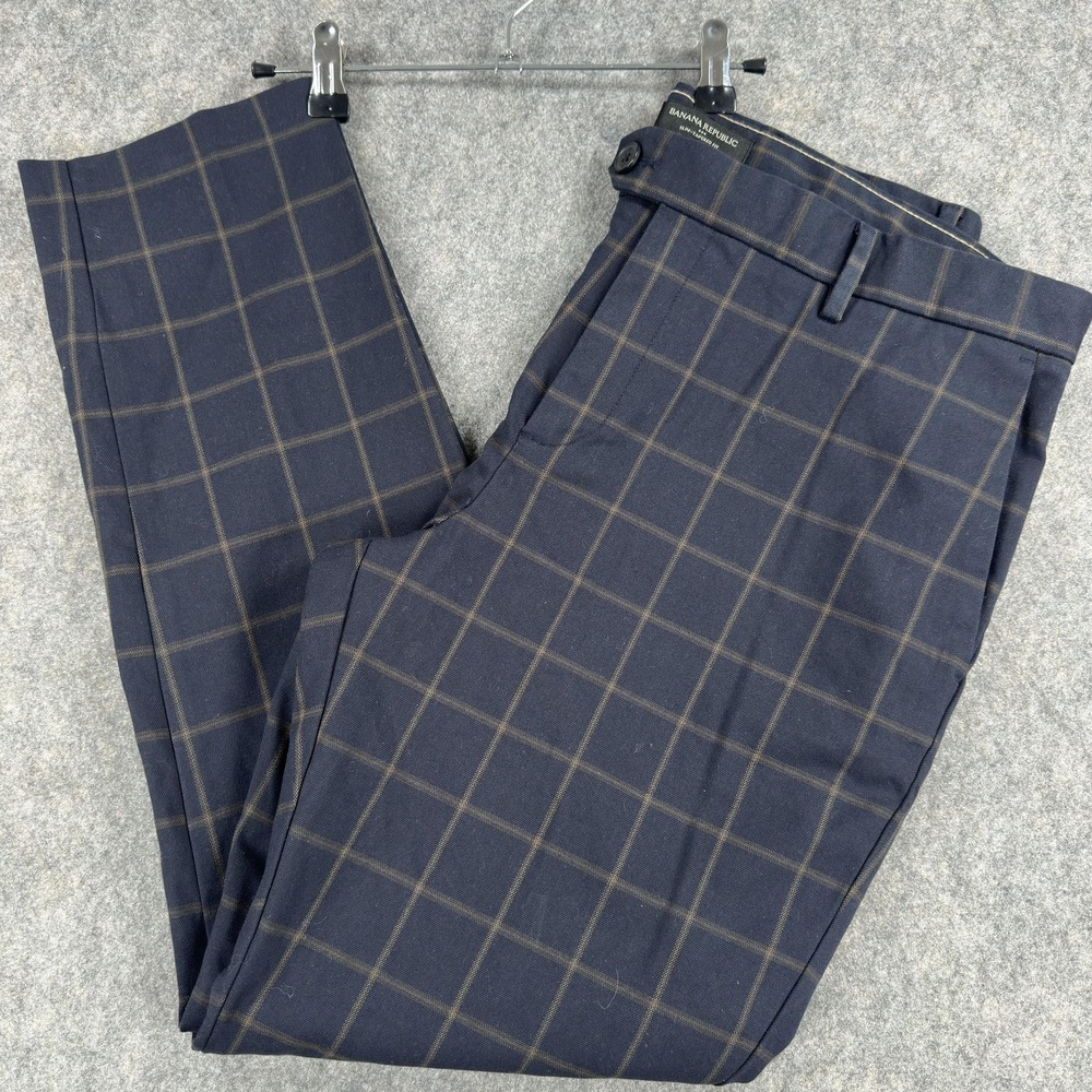 Banana Republic Chino Pants Mens 35x28 Blue Slim Tapered Check Stretch NWT